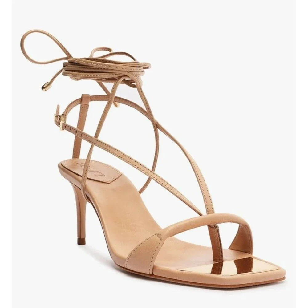 New SCHUTZ Beige Vikki Lace Up Square Thong Toe Stiletto Sandals Brazil US 9.5B - Picture 2 of 9